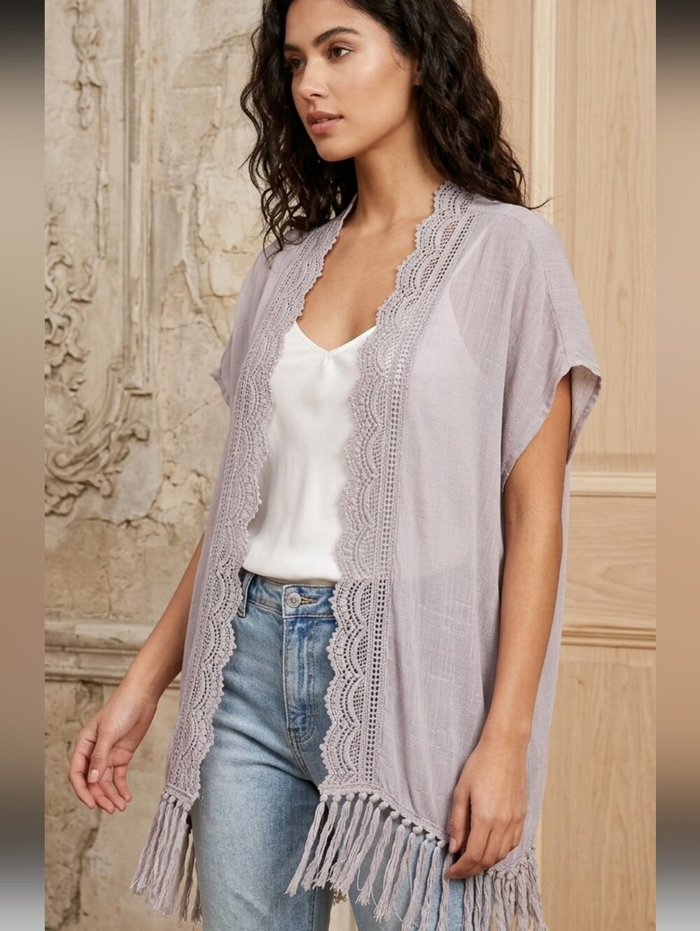 ​YA Los Angeles Open Front Crochet Lace Knit Kimono Shrug with Fringe